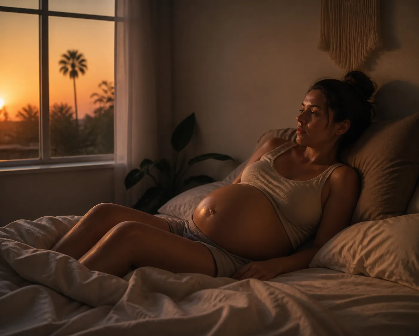 Pregnant woman lying awake in a warm California bedroom during a heat wave