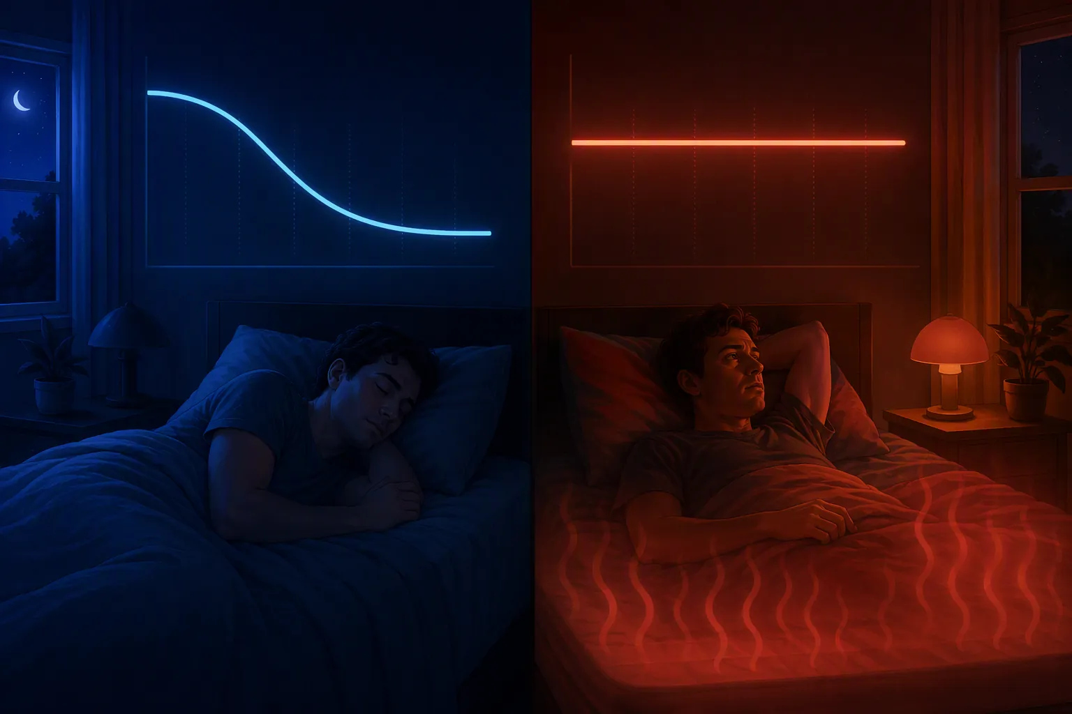 Split illustration of a cool sleeping bedroom with a descending temperature curve and a hot restless bedroom with a flat suppressed temperature line