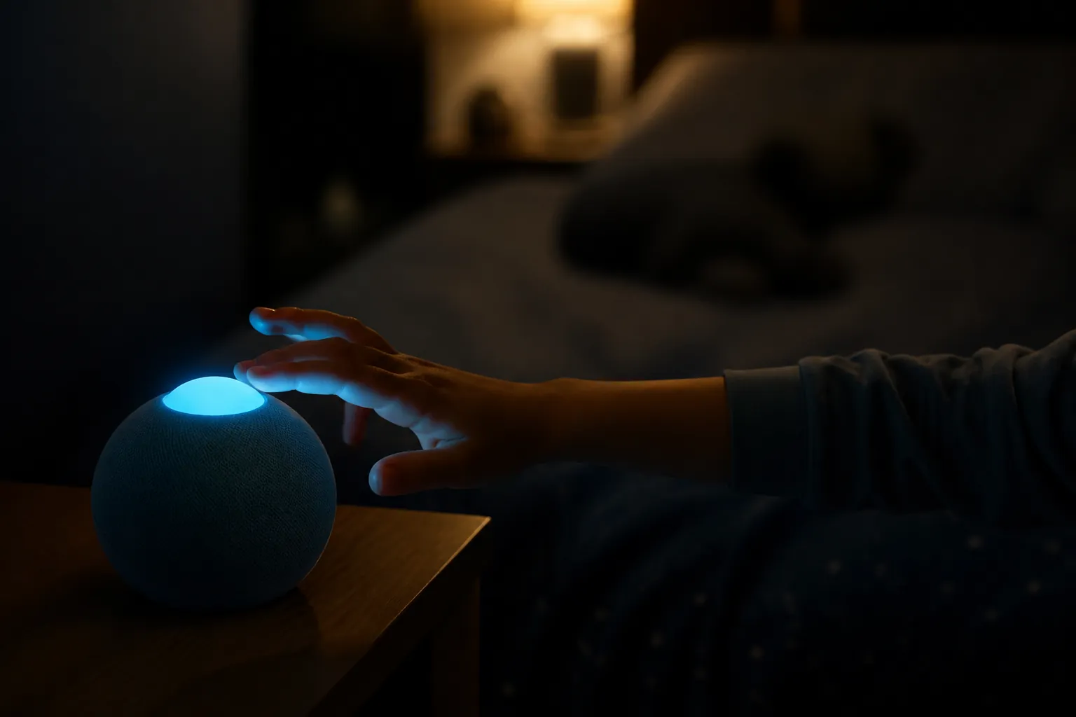 A child's hand reaching toward a glowing smart speaker on a nightstand in a dark bedroom