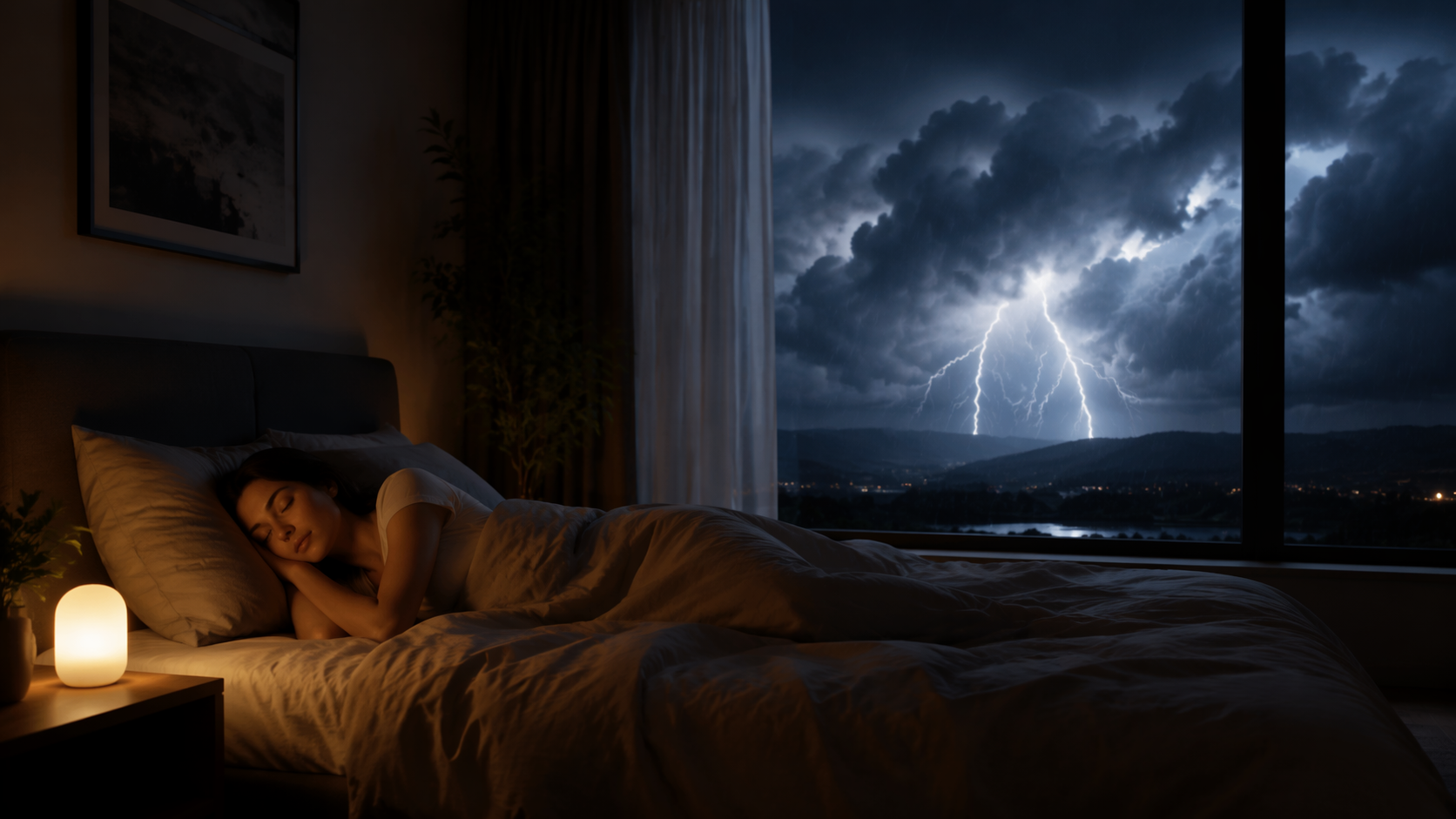 A dim bedroom with a sleeping person, warm nightlight, and lightning visible outside the window