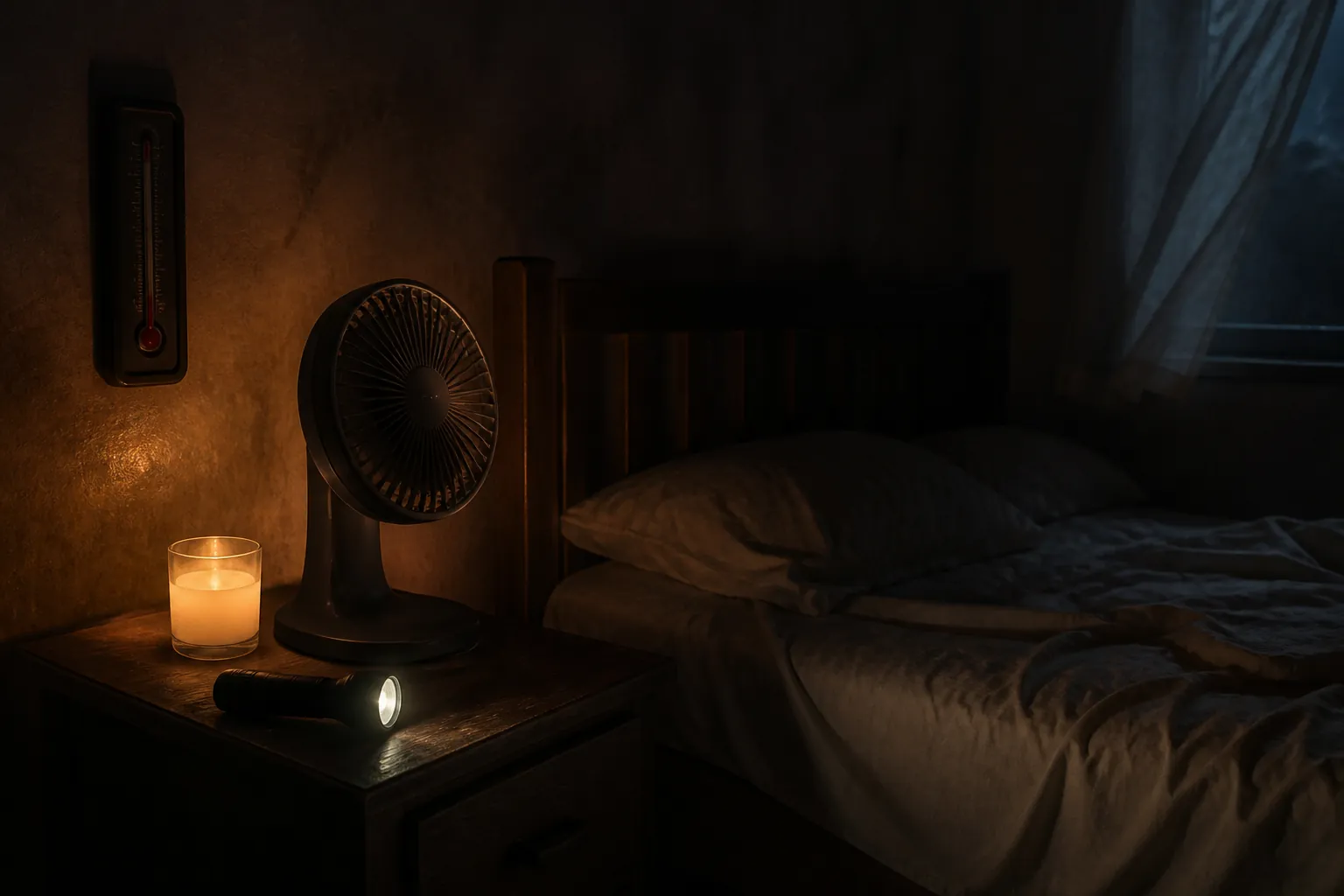 Dim bedroom during a power outage with a small portable fan and a thermometer in the danger zone