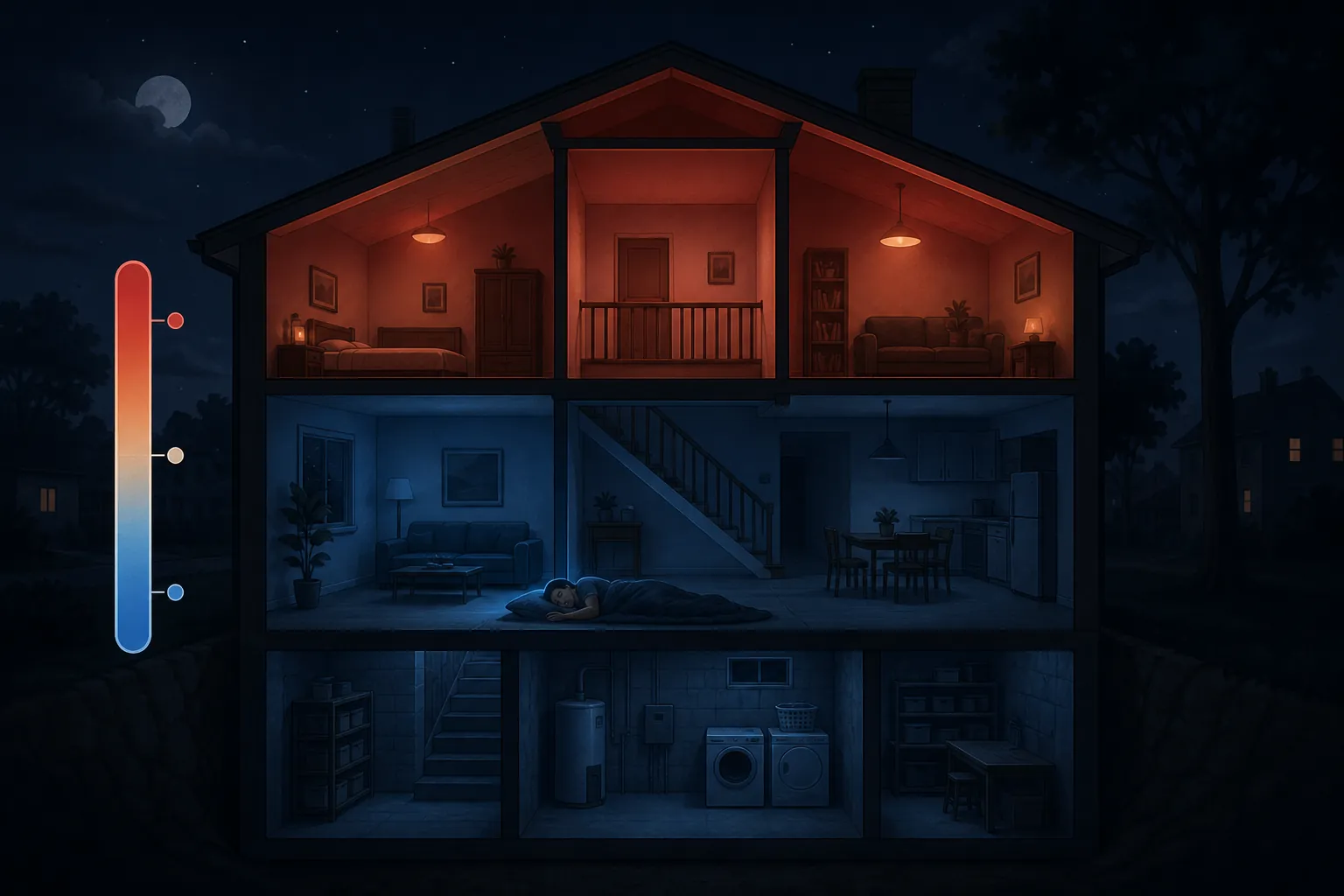 Two-story house during a blackout showing warmer upper rooms and a cooler lower-level sleep area