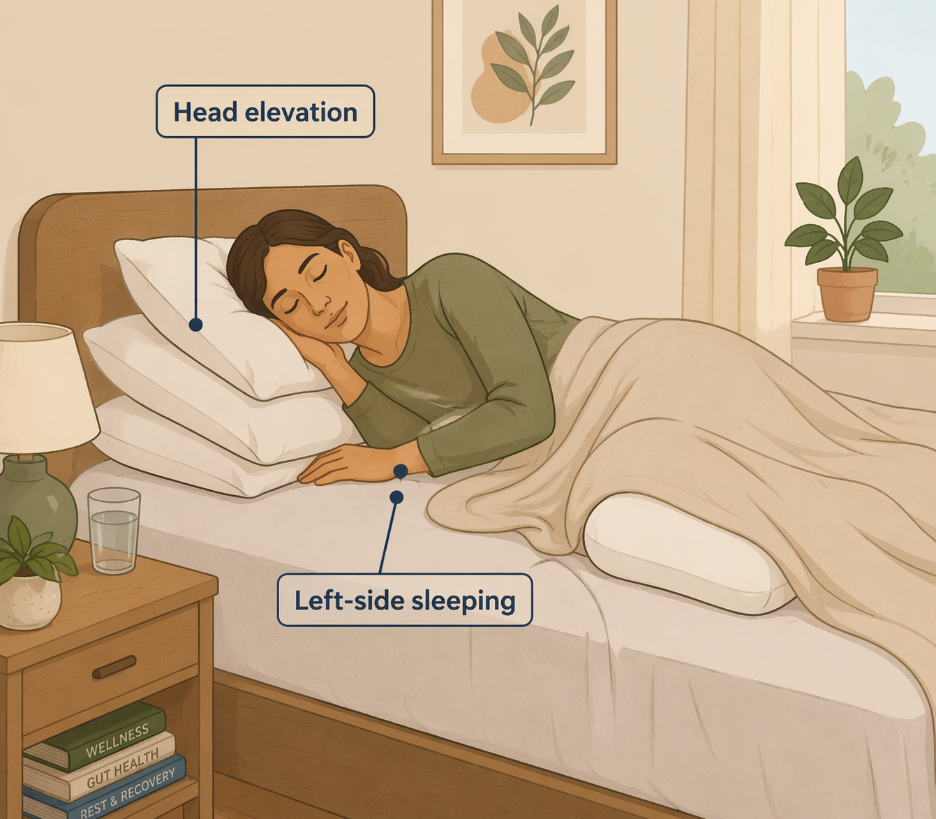 Person lying on the left side in bed with the head elevated on two pillows