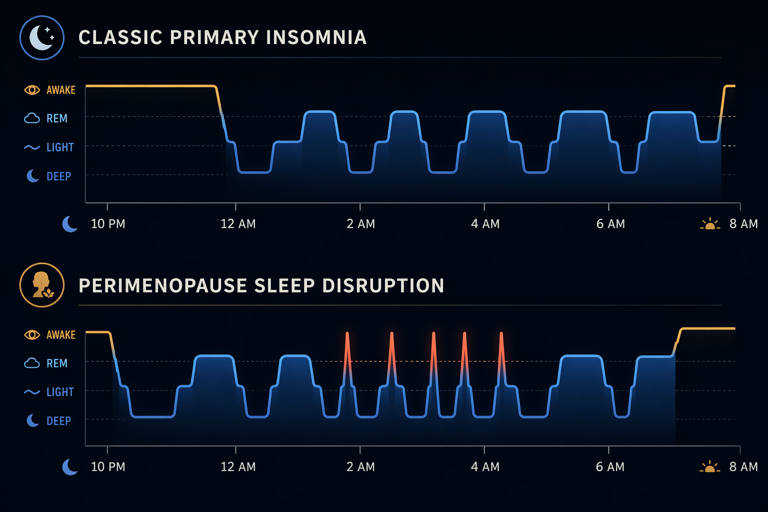 Comparison hypnogram showing classic primary insomnia versus perimenopause sleep disruption with repeated awakenings between 2 and 4 AM