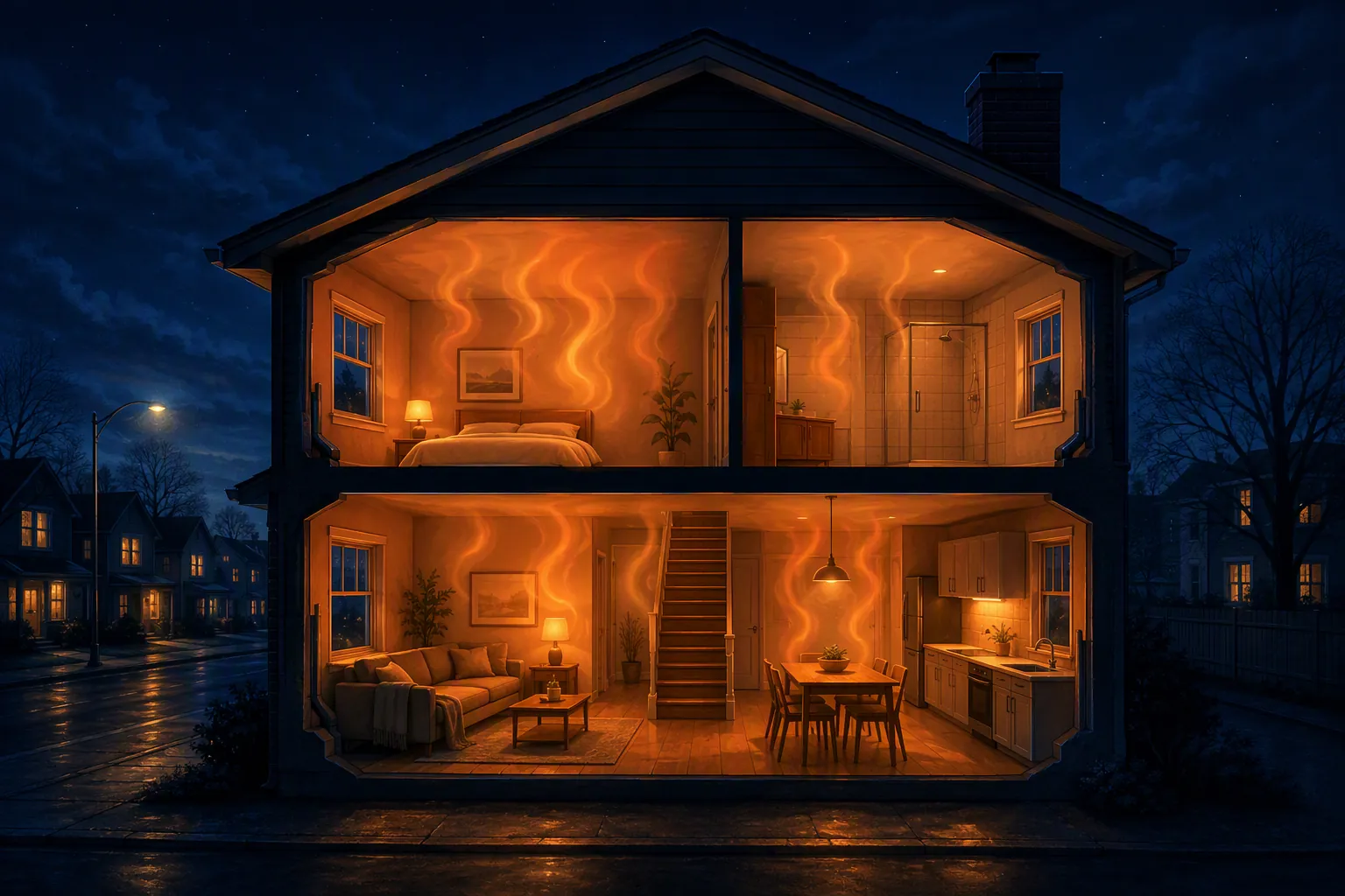 Cutaway of a house at night showing trapped indoor heat while the outside air is cooler