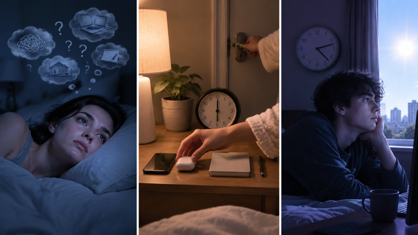 Three-panel comparison of nighttime obsessions, bedtime compulsions, and circadian delay