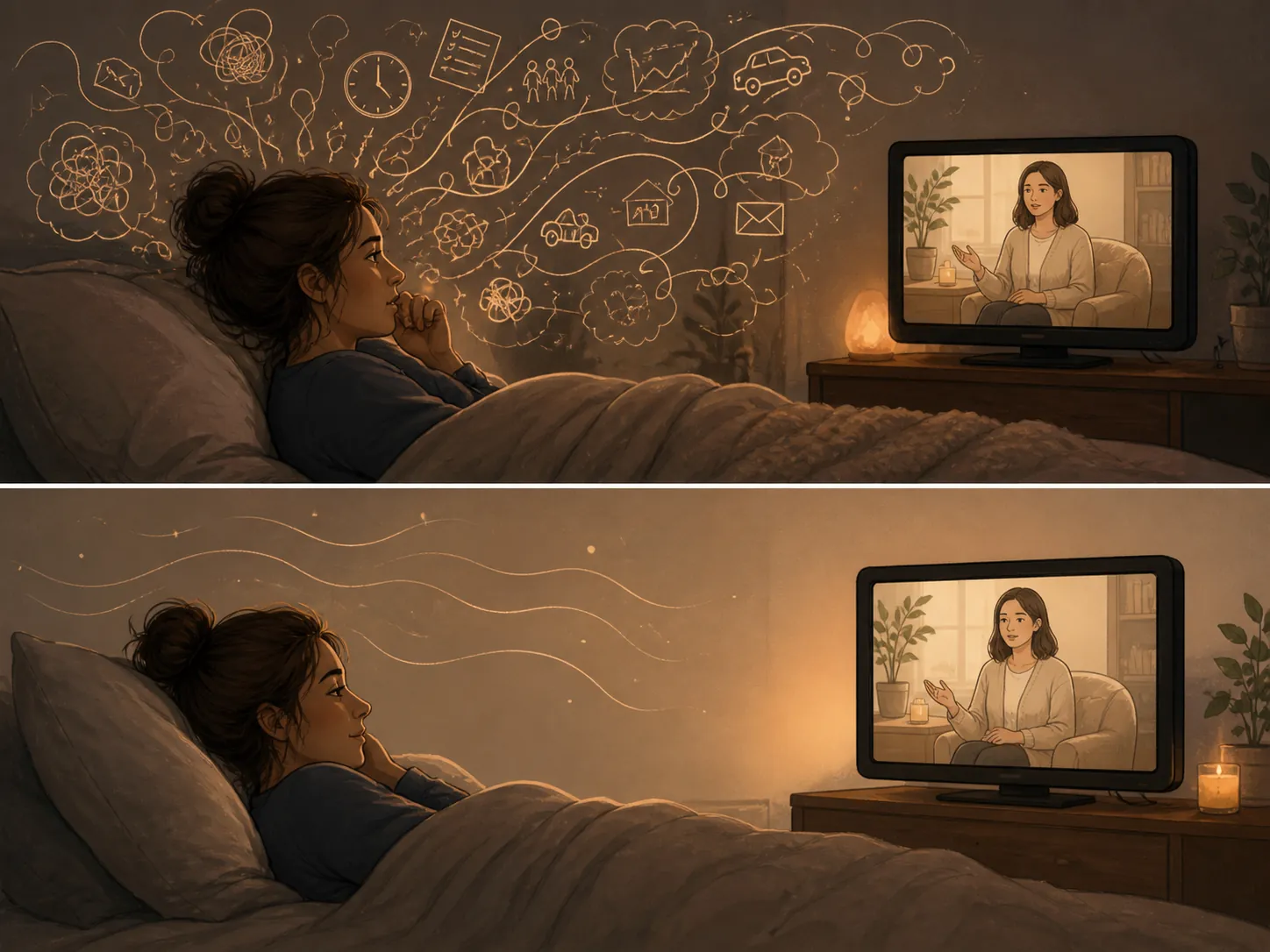 A person in bed watching a quiet predictable show as abstract racing thoughts settle