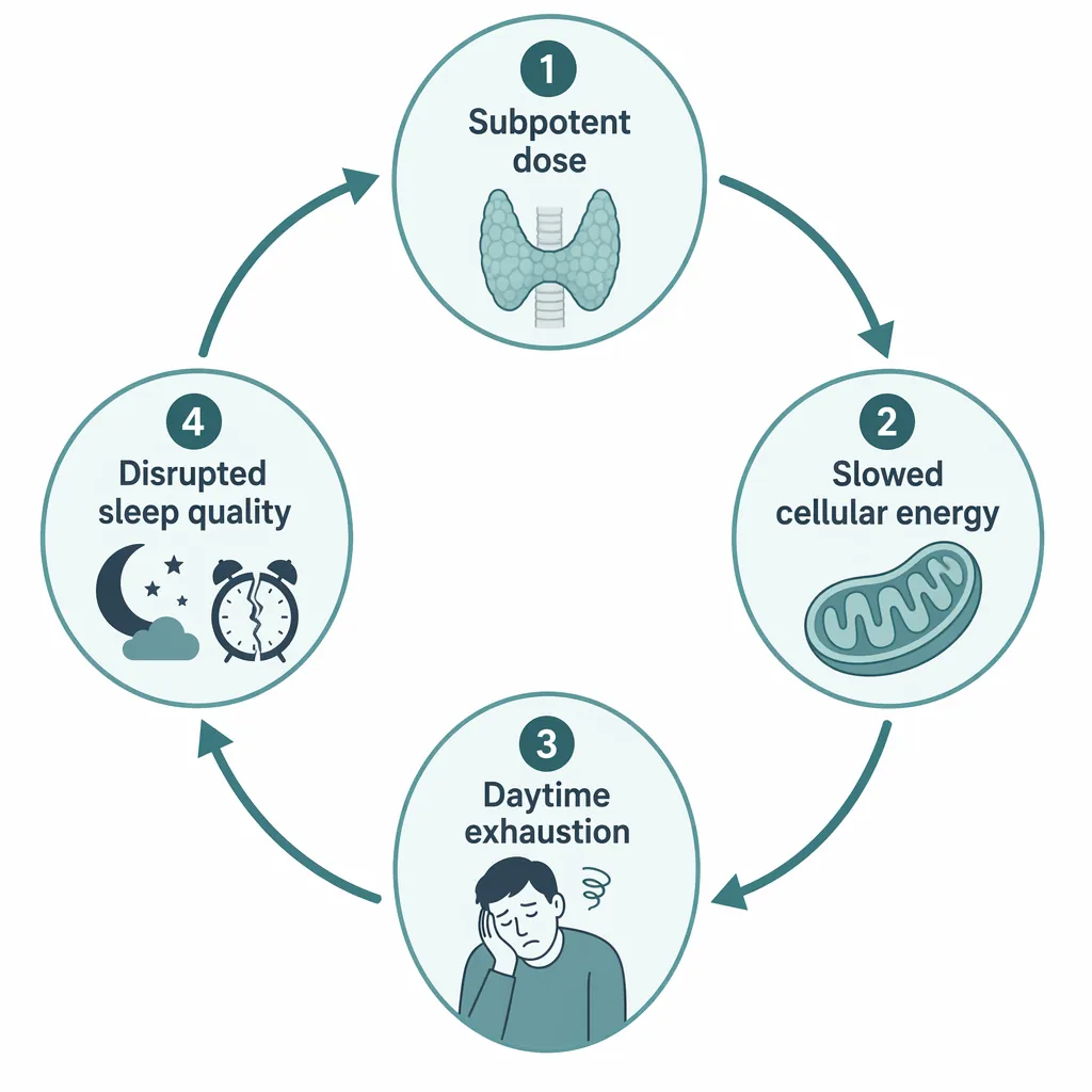 Cycle diagram linking subpotent levothyroxine dose, slowed cellular energy, daytime exhaustion, and disrupted sleep