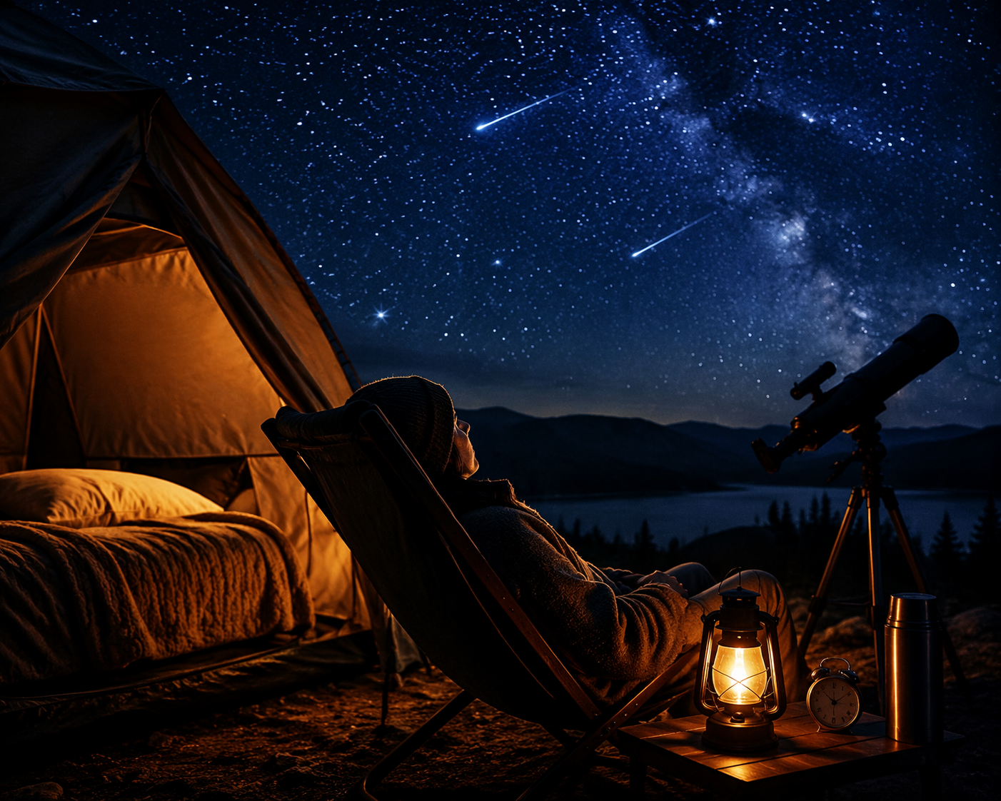 Skywatcher in a reclining chair under meteors with rest gear nearby