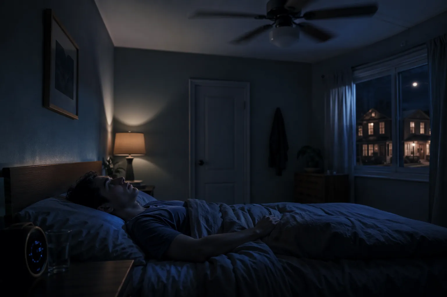 A person lies awake in a bedroom after power has been restored, with a glowing clock, lamp, ceiling fan, and dark street outside