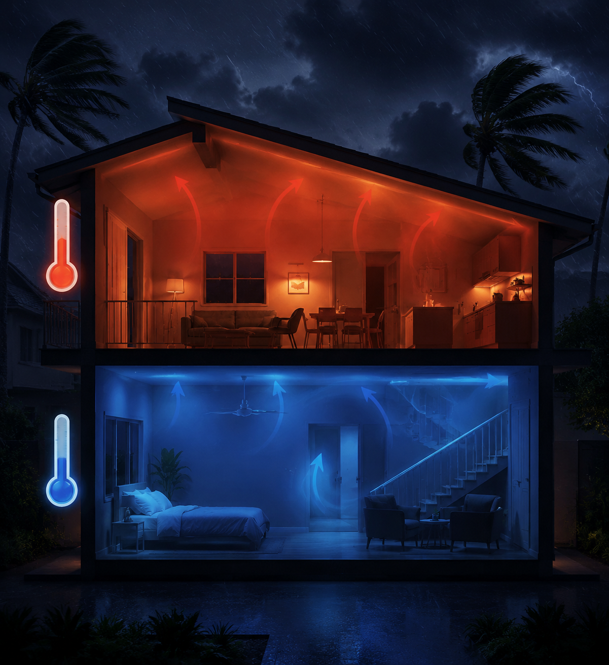 Cross-section of a two-story house showing a hotter upper floor and cooler lower-floor sleeping area during a power outage