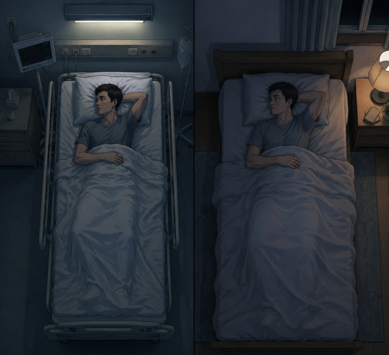 Split illustration showing a person awake in a hospital bed and then awake in the same posture at home