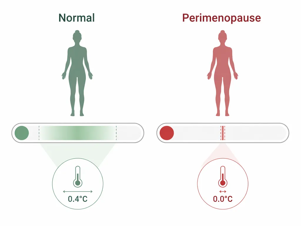 Conceptual comparison of a wider normal temperature zone and a very narrow perimenopause temperature zone