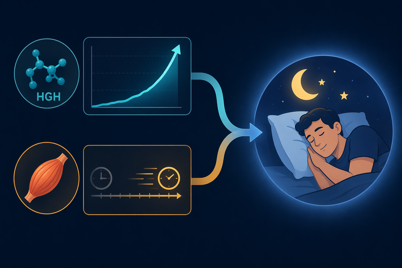 Diagram showing growth hormone and accelerated muscle recovery pathways converging toward sleep