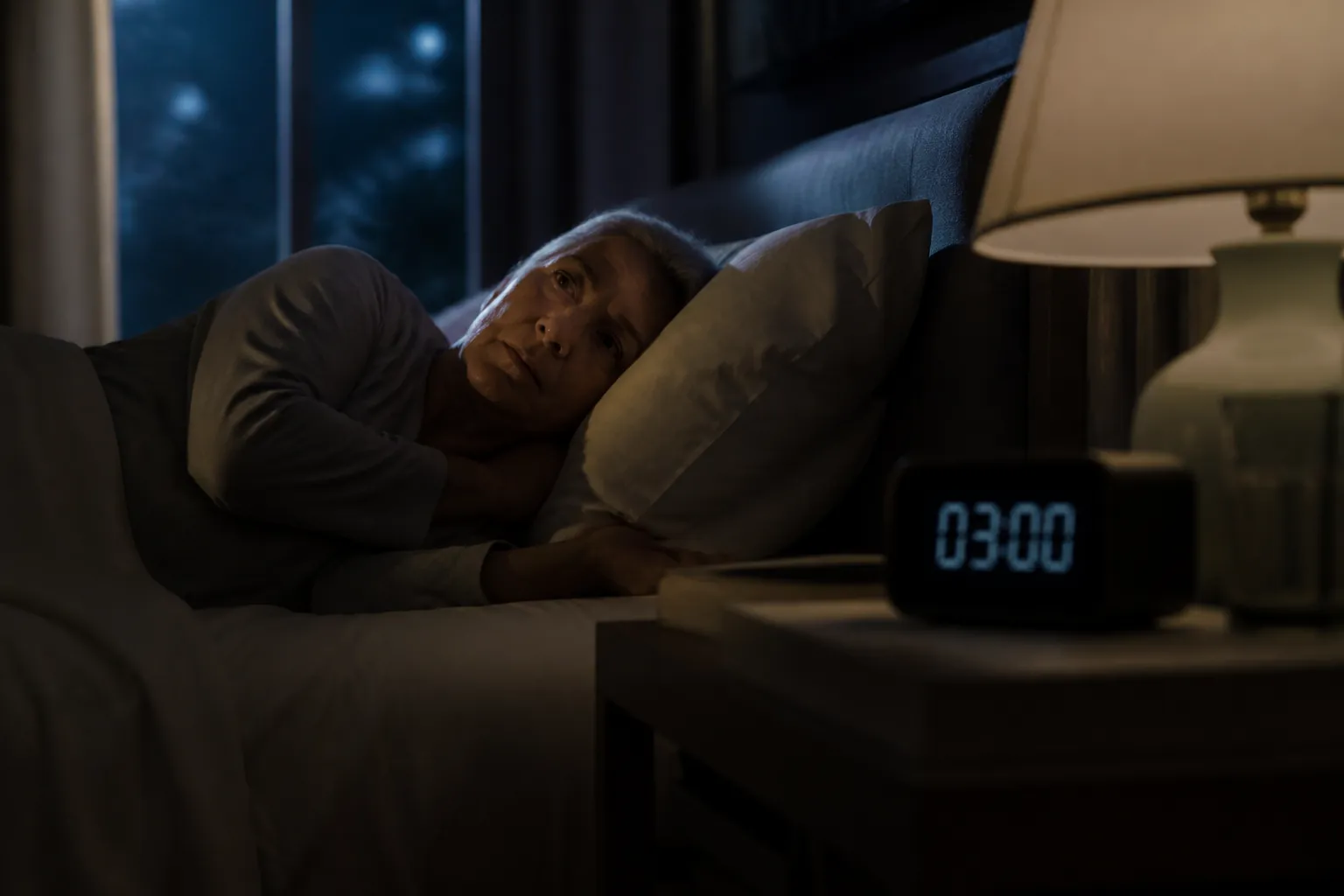 Older adult awake in bed at 3:00 AM looking toward a nightstand clock