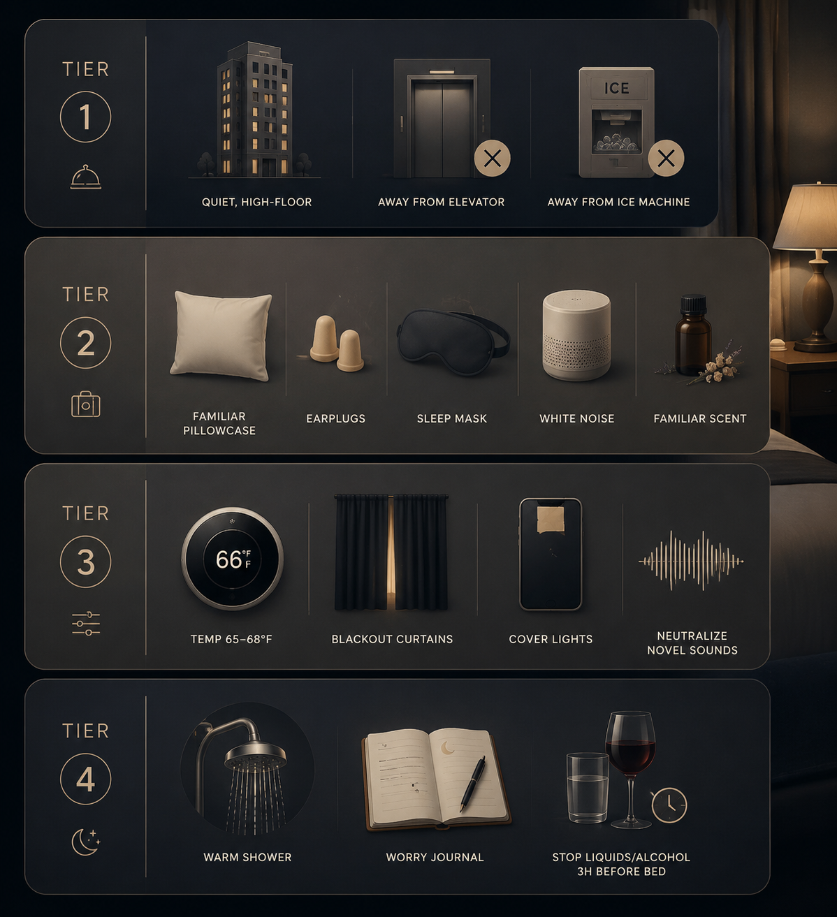 Four-tier hotel sleep countermeasure framework with room selection, sensory tools, arrival adjustments, and pre-bed routine icons