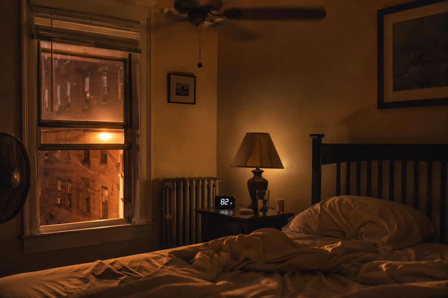 Older adult bedroom at night during a St. Louis heat wave with a thermometer reading 82°F beside water and prescription medication