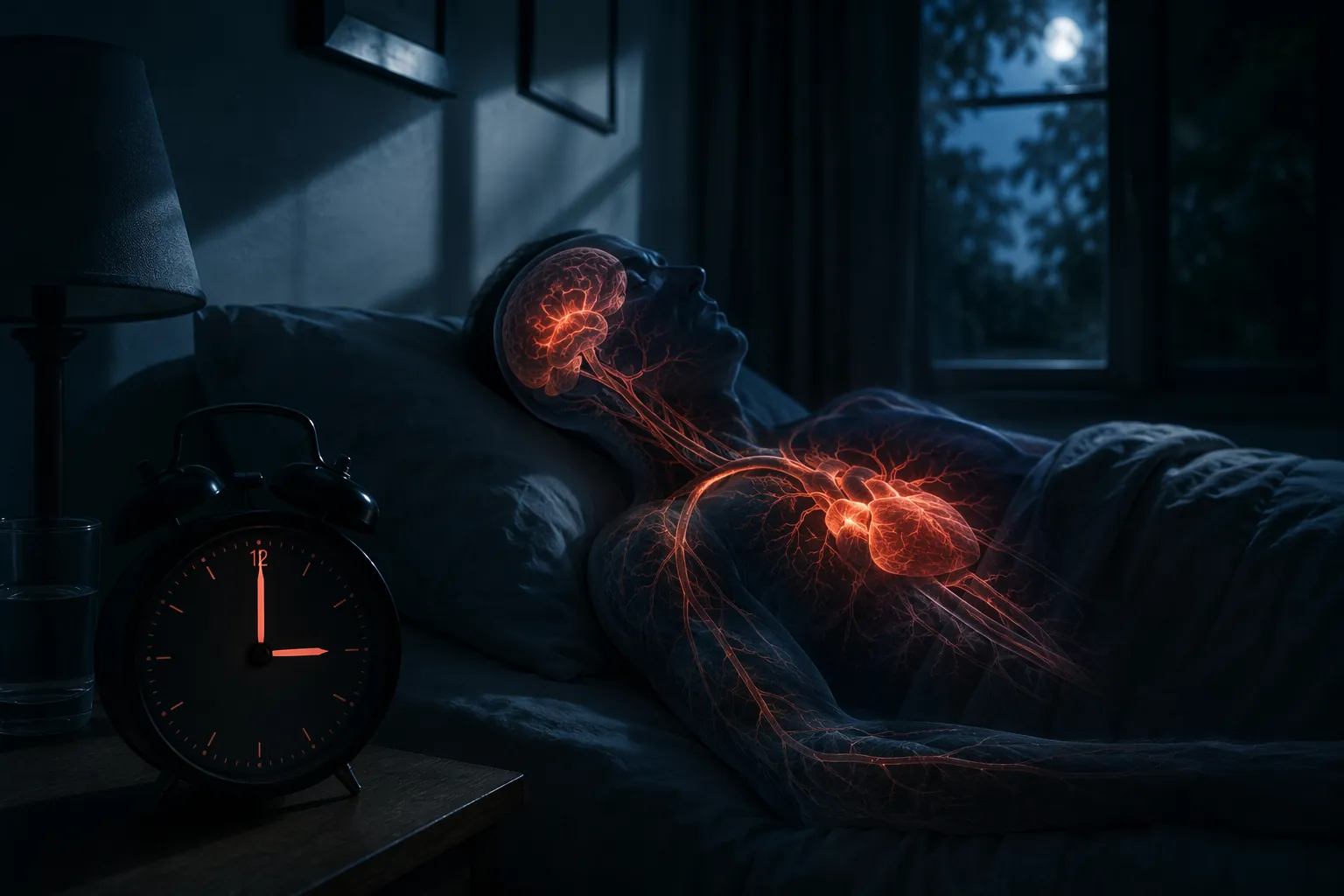 Dim bedroom at 3:00 AM with highlighted heart, arteries, and brain suggesting physiological strain from severe sleep deprivation
