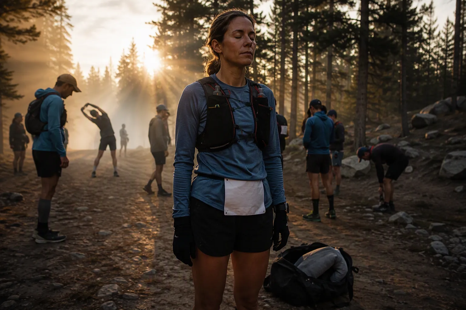 Ultramarathon runner at a misty mountain trail start line with a drop bag and sleeping bag nearby