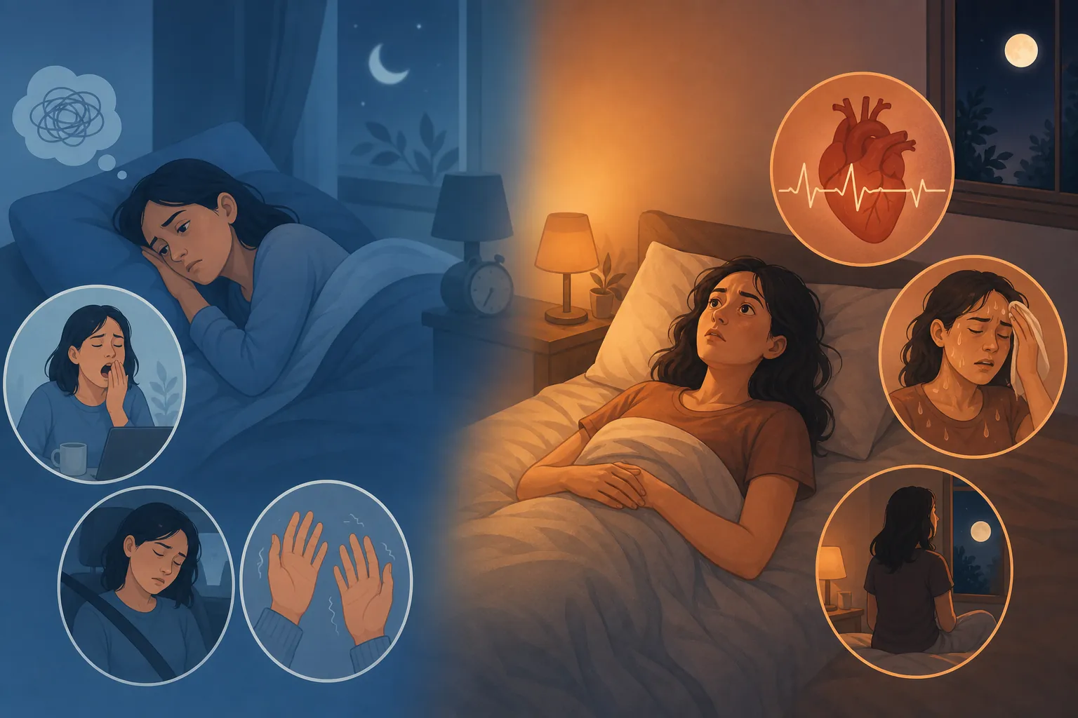 Split illustration comparing under-replacement sleep symptoms with over-replacement insomnia symptoms