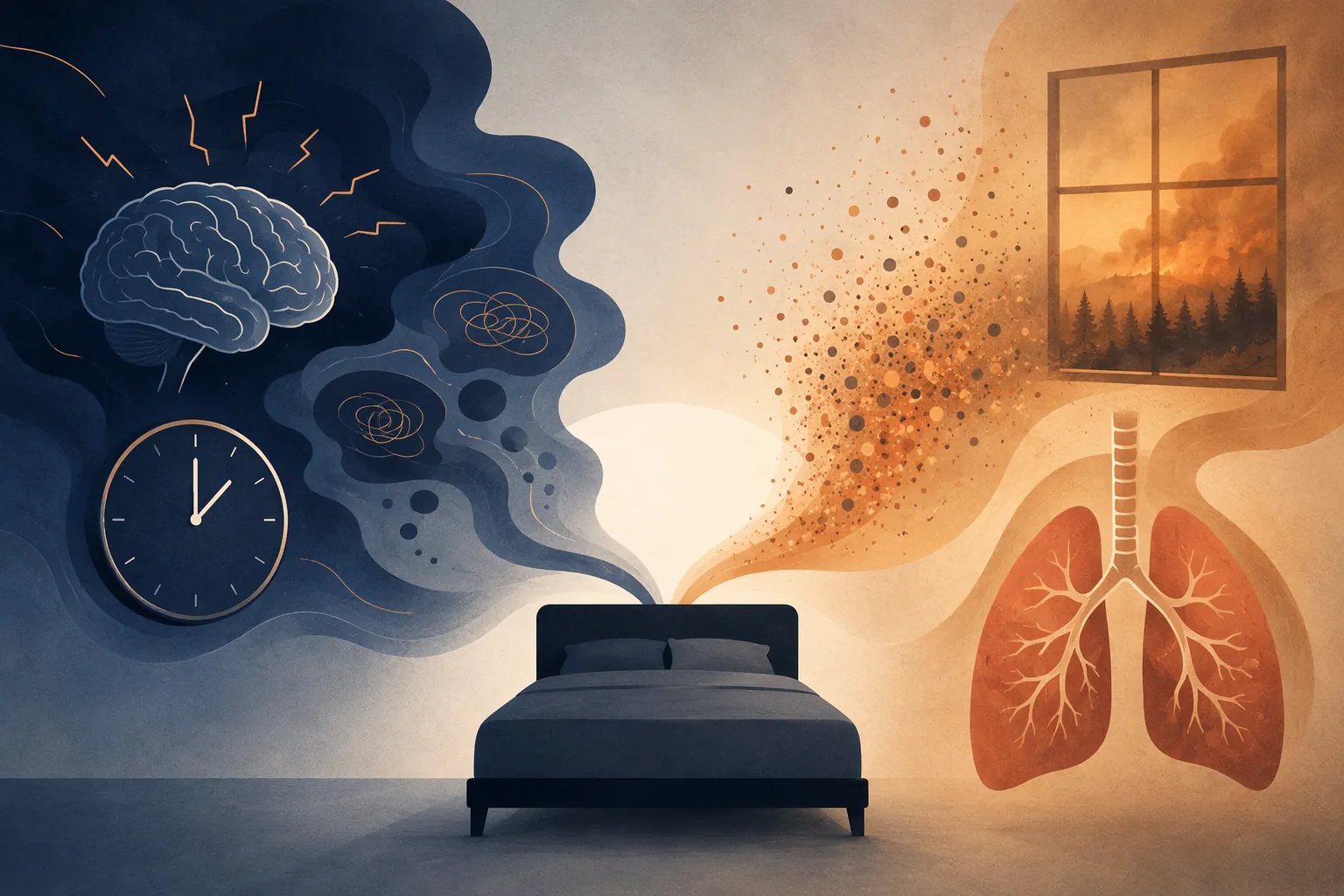 Illustration of anxiety and smoke pathways converging on a bed during wildfire season