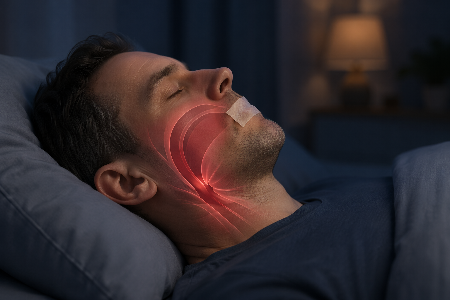 Person sleeping with mouth tape and highlighted airway risk