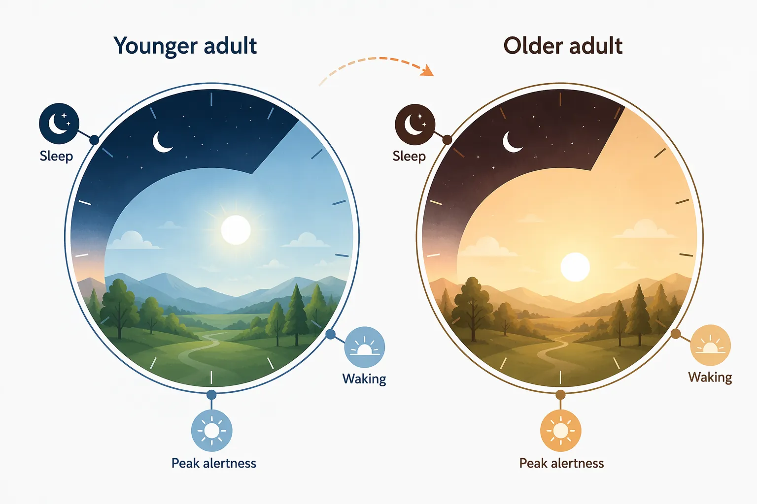 Comparison of younger and older adult circadian clocks showing the older adult sleep period shifted 1 to 2 hours earlier