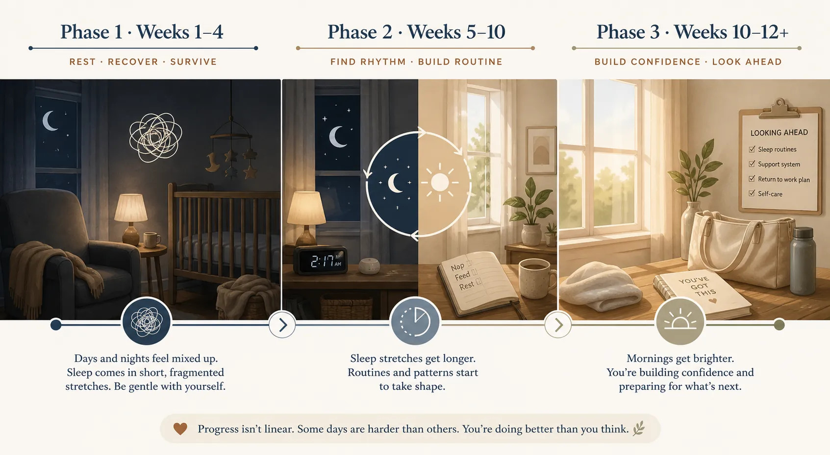 Illustrated maternity leave timeline with three sleep planning phases from weeks 1 to 12 and beyond