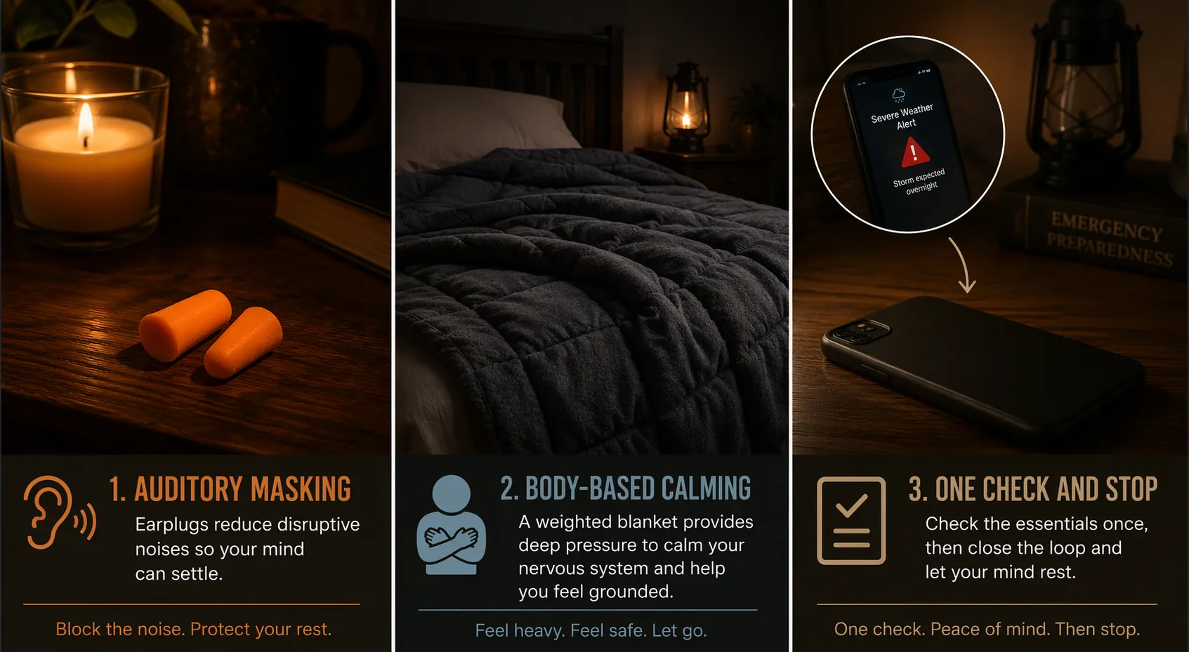 Foam earplugs, a weighted blanket, and a phone placed face-down beside a flashlight as outage sleep tools