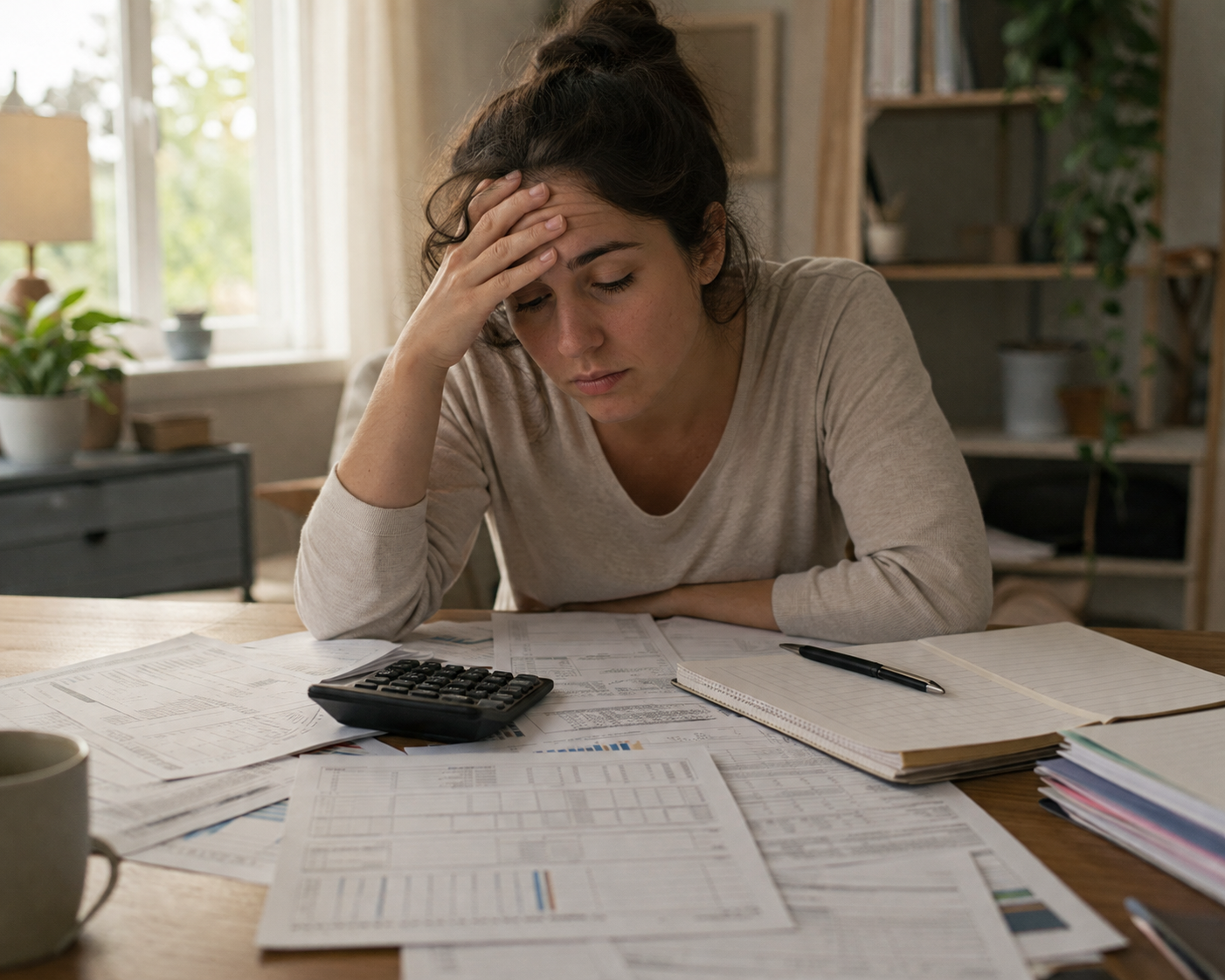 A tired person sitting at a desk with financial documents, a calculator, and a budget notebook in front of them.