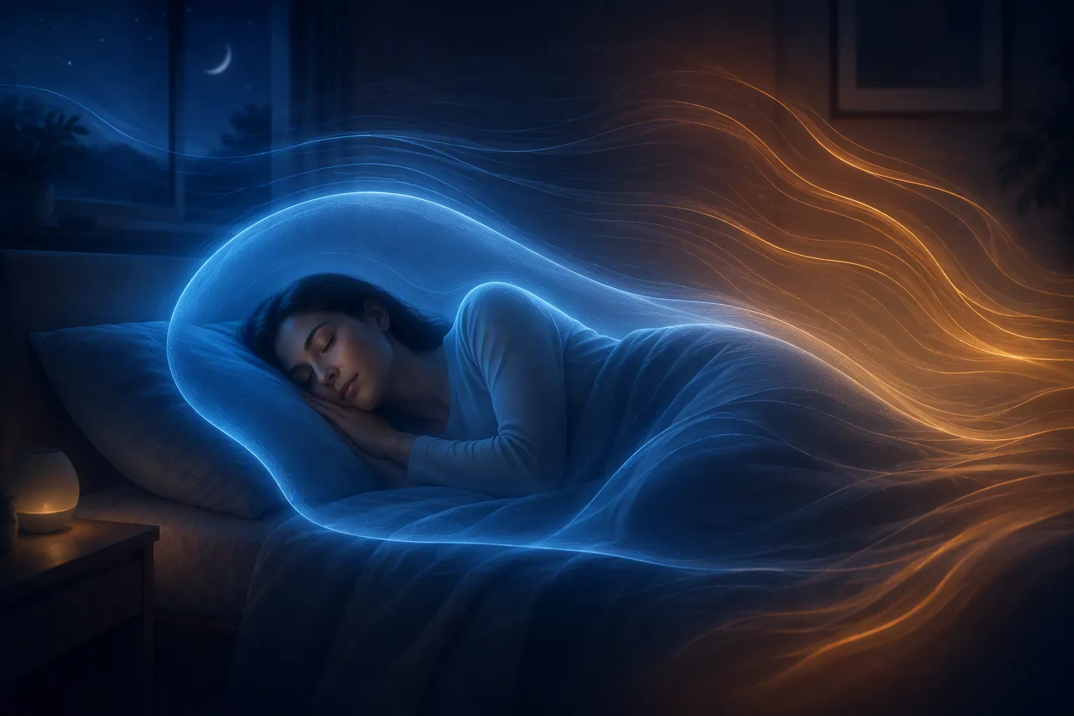 A sleeping woman surrounded by a cool-blue thermal aura that represents the skin microclimate