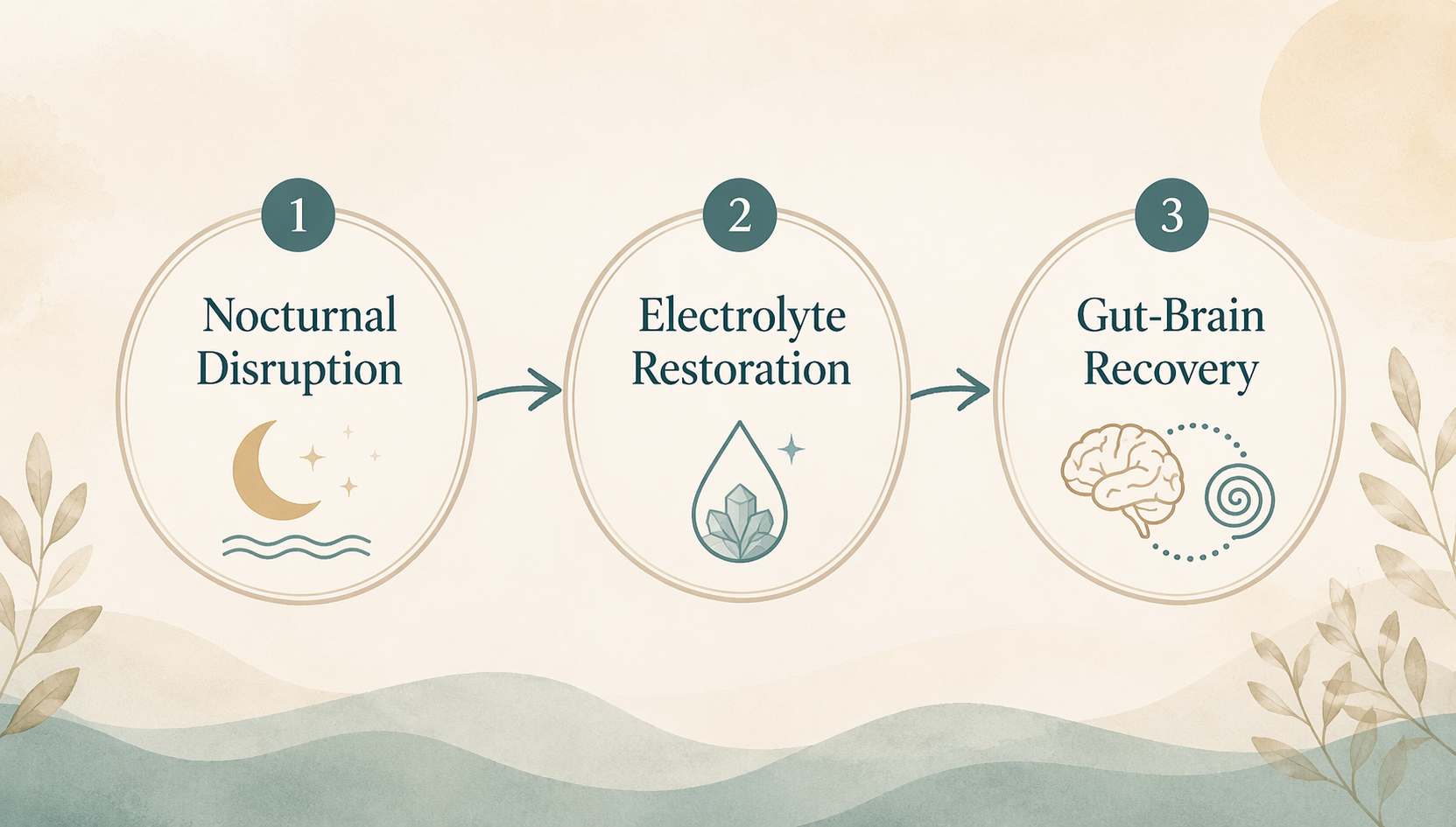 Three-phase flow diagram for nocturnal disruption, electrolyte restoration, and gut-brain recovery