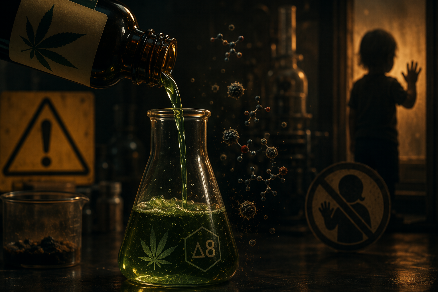 Laboratory scene showing CBD being converted into delta-8 with impurity and child-safety warning symbols