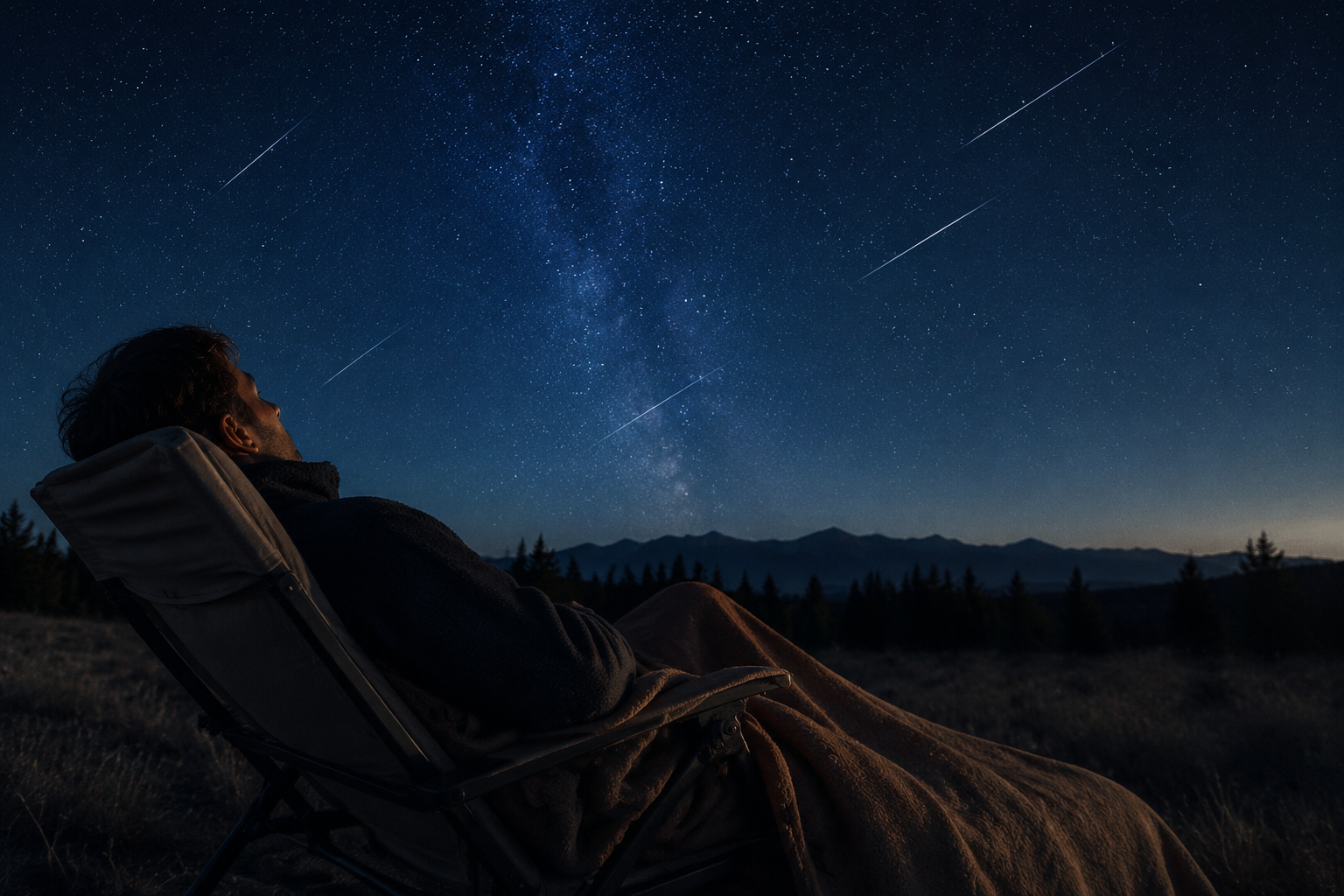A person watches meteors from a reclining chair in a dark field under a starry sky