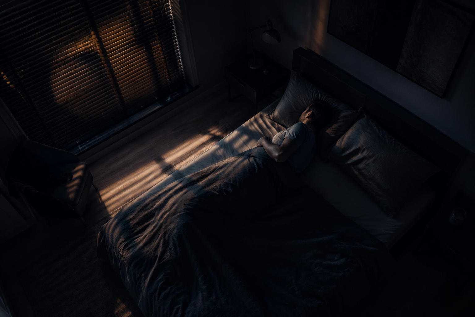 A person lying awake in a dark bedroom at night, tense and alert under shadows from window blinds