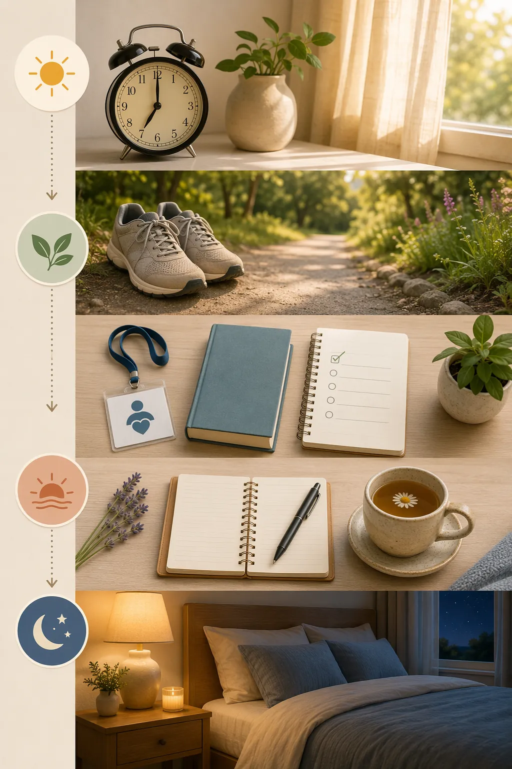 Day-to-night flat-lay showing alarm clock, walking shoes, volunteer badge, notebook, tea, and a dim bed
