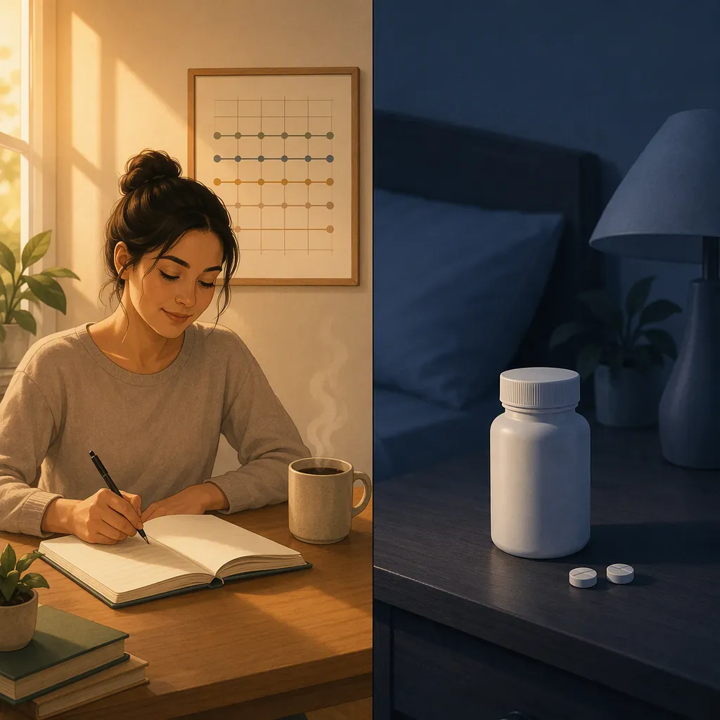 Illustration contrasting behavioral sleep therapy with an unproven sleep supplement.