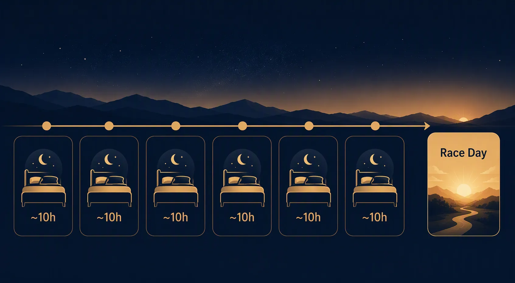 Seven-day race week calendar showing about 10 hours of sleep planned each night before race day