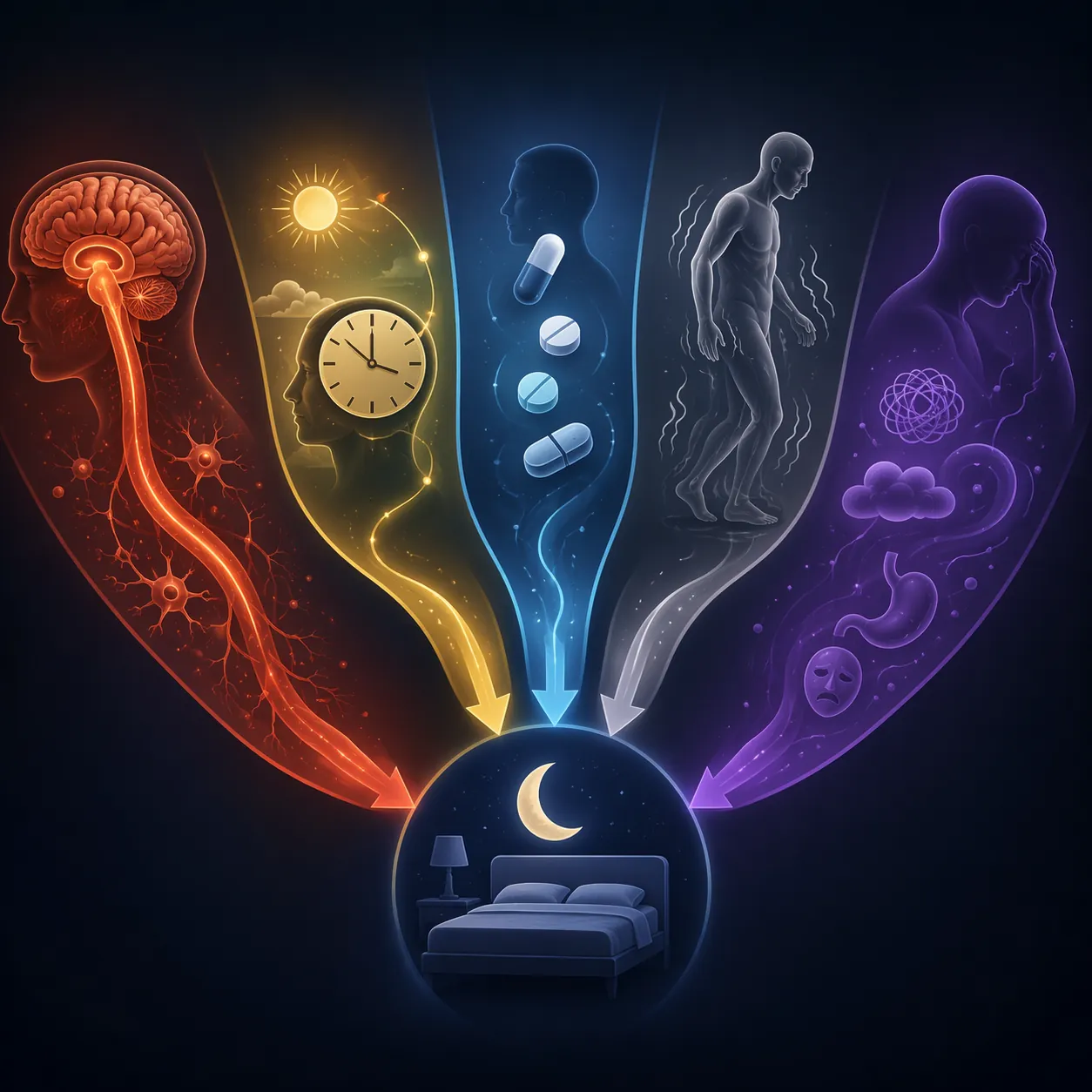Multiple colored pathways converging toward a crescent moon to represent different drivers of sleep disruption in Parkinson's