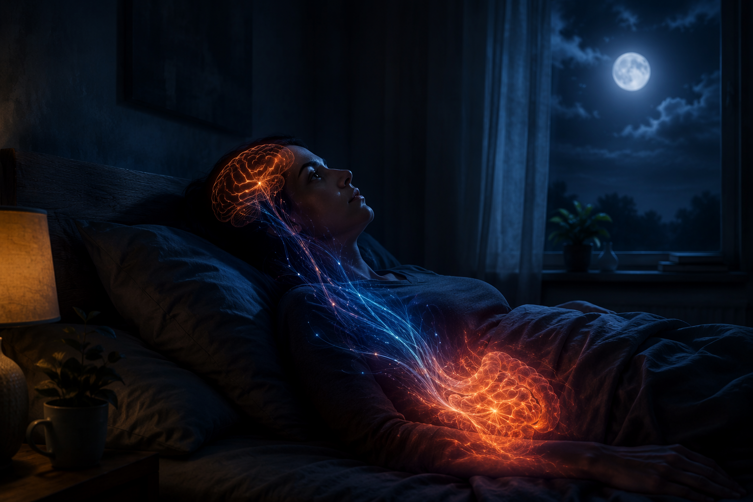 Person lying awake at night with abstract gut-brain connection threads rising from the abdomen toward the head