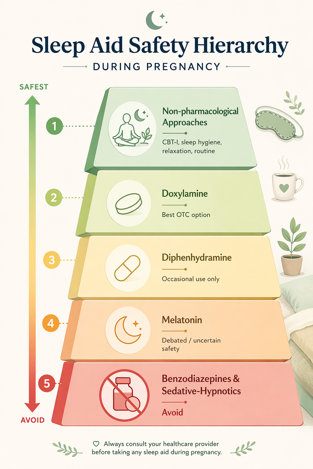 Stepped hierarchy of pregnancy sleep aid safety from non-pharmacological care through doxylamine, diphenhydramine, melatonin, and sedative-hypnotics to avoid