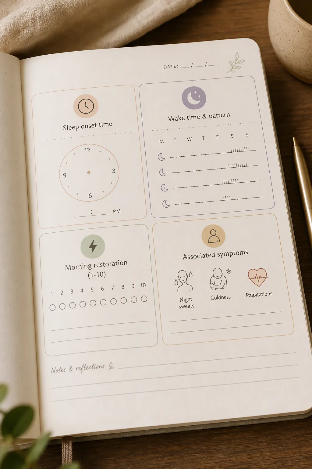 A symptom journal page with fields for sleep onset, wake timing, morning restoration, and associated symptoms