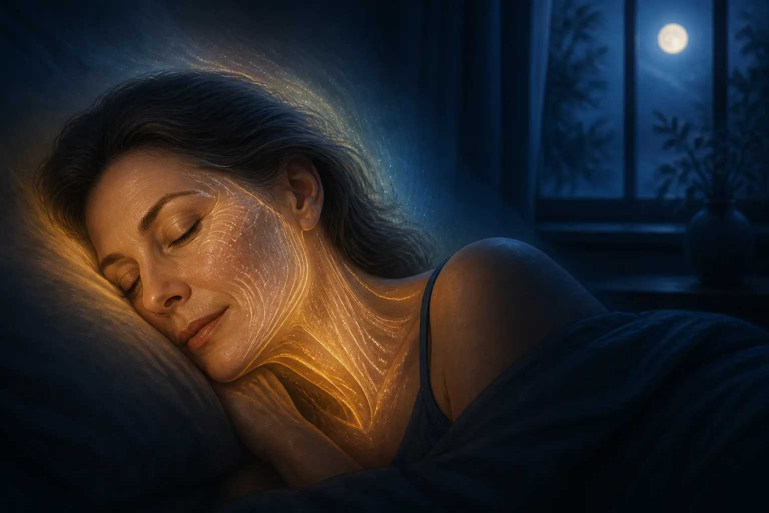 Middle-aged woman sleeping in a dim bedroom with a subtle skin-repair and thermoregulation overlay