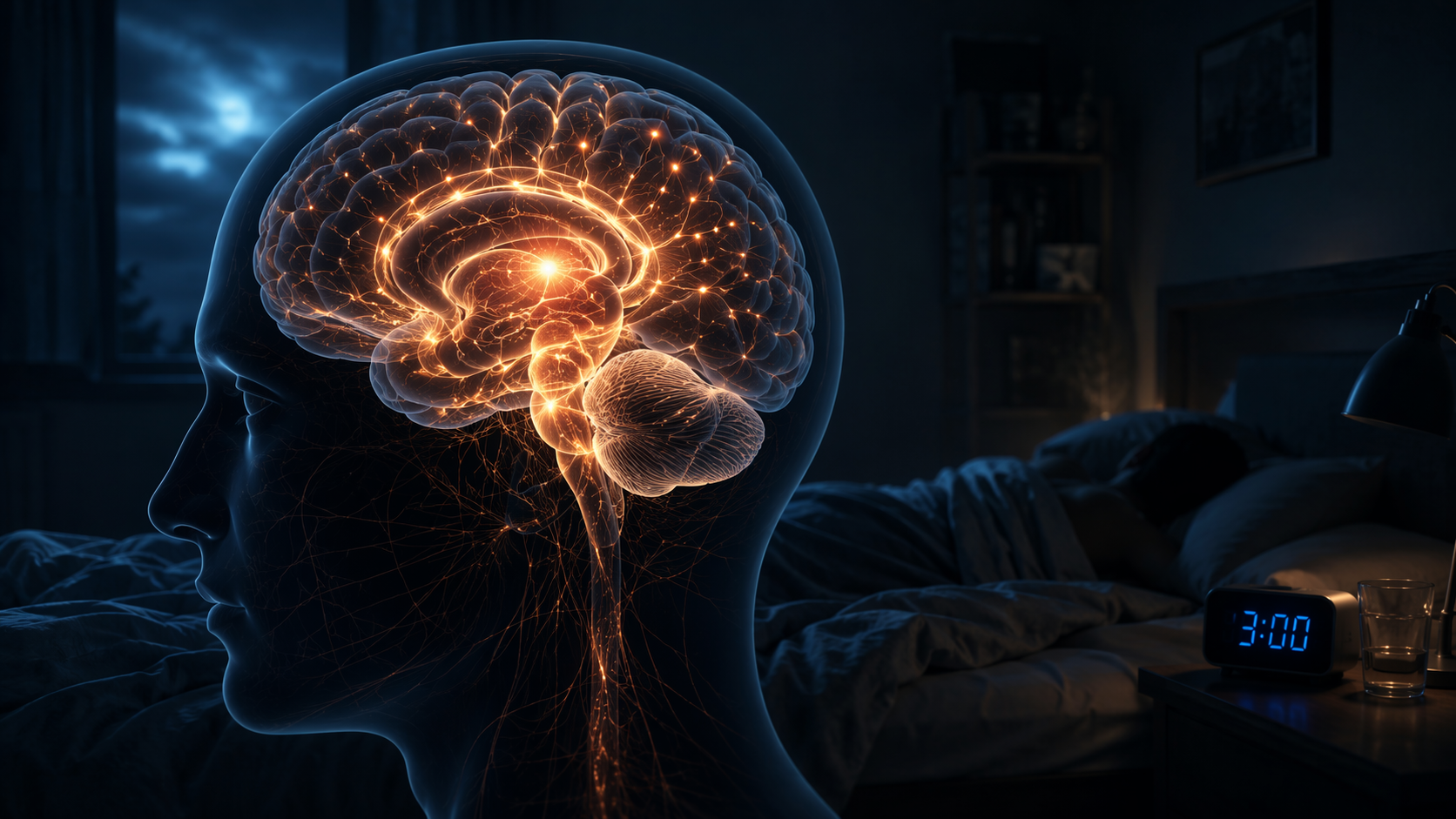 A dim bedroom with a glowing brain silhouette, highlighted neural pathways, a 3:00 AM clock, and a restless sleeper