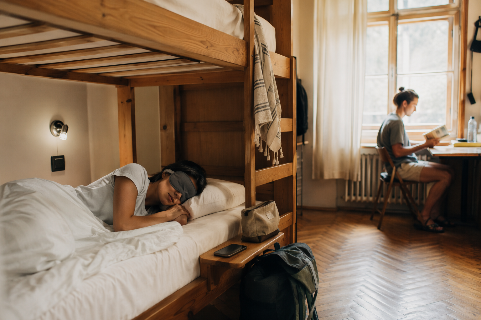 A calm European hostel dorm with a traveler sleeping in a bottom bunk wearing a sleep mask