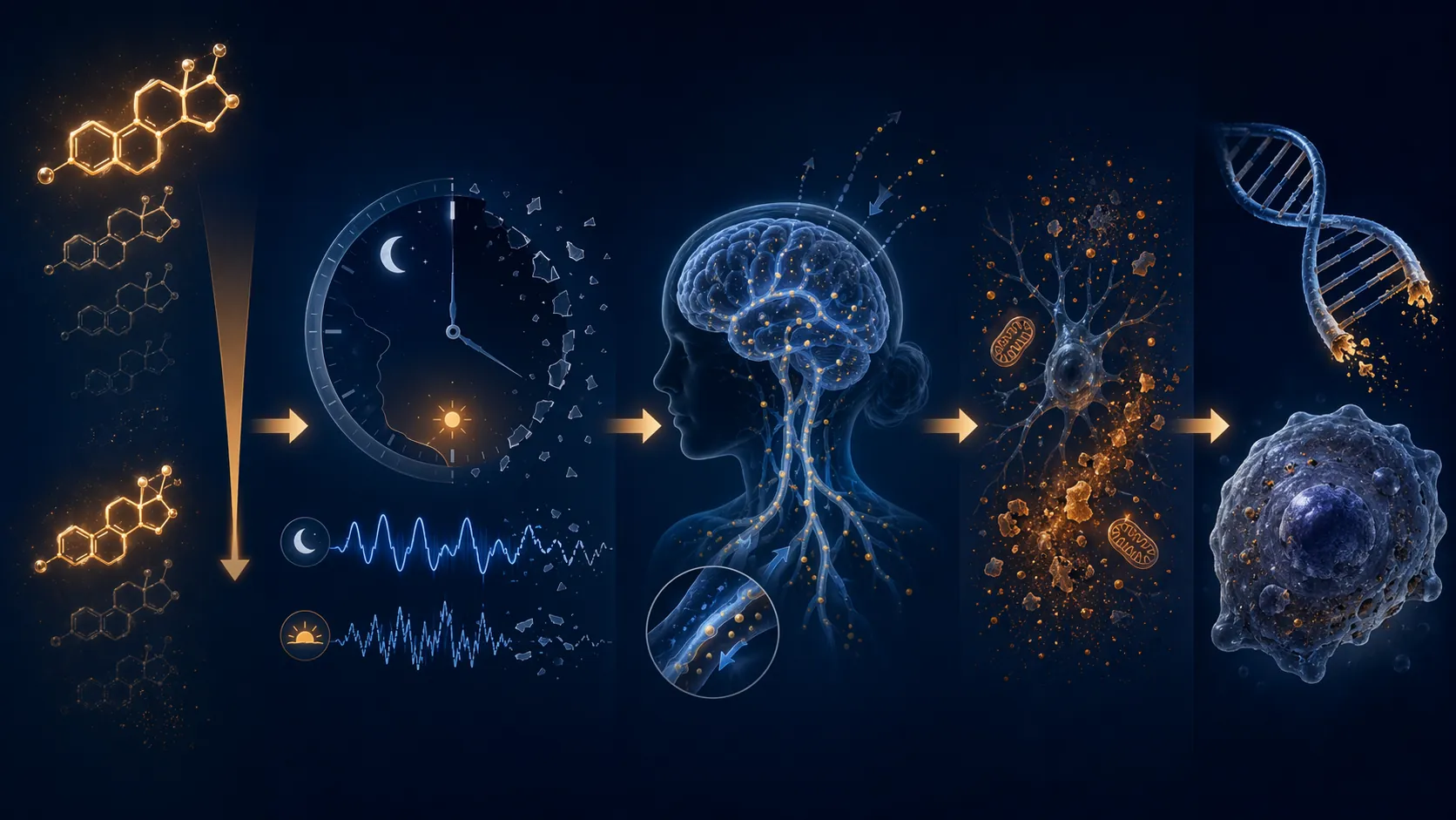 Biological chain from menopause-related hormone decline to circadian disruption, oxidative stress, and cellular aging markers