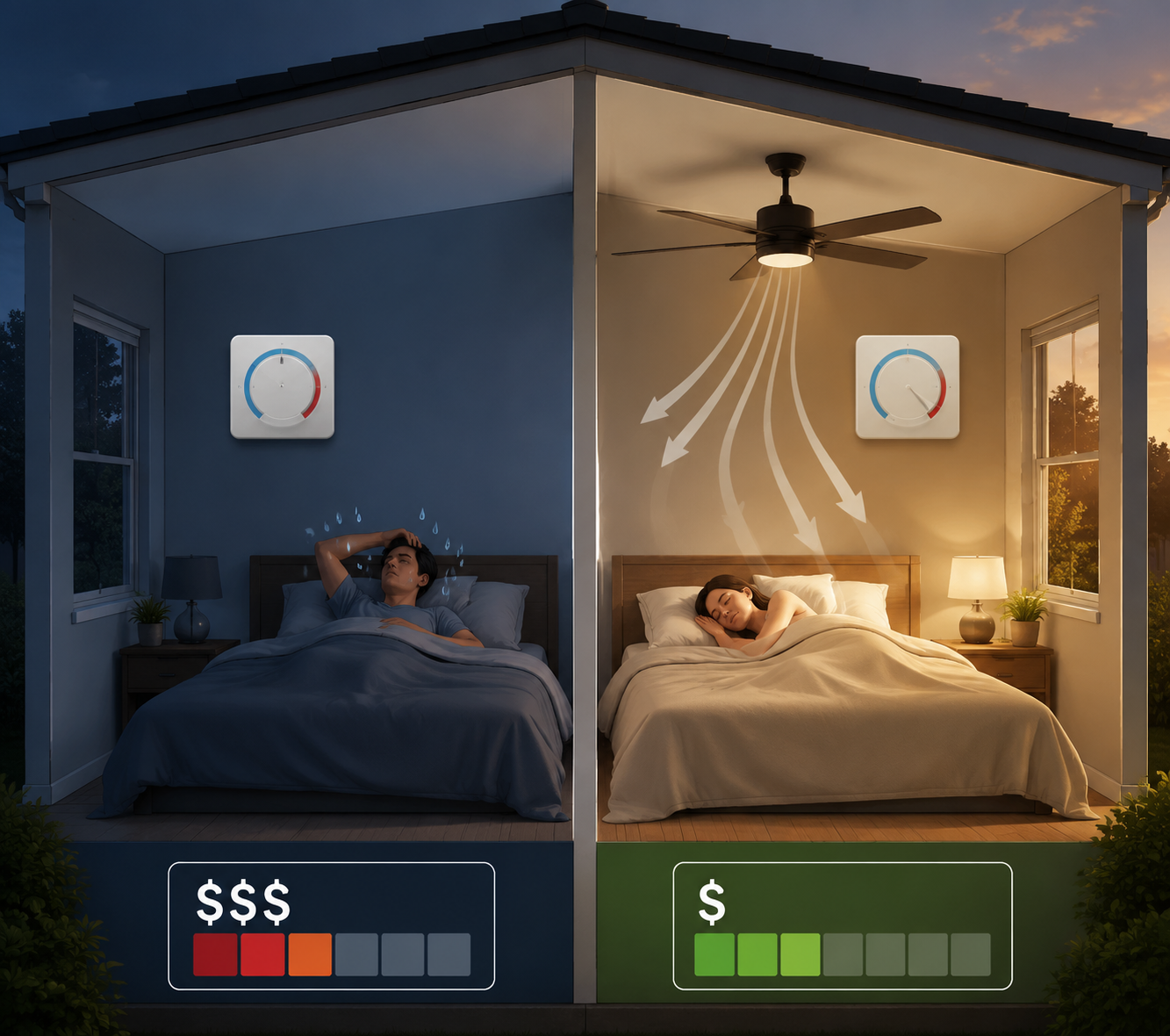 A side-by-side comparison of a 72-degree room without a fan and a 78-degree room with a ceiling fan and lower energy use.