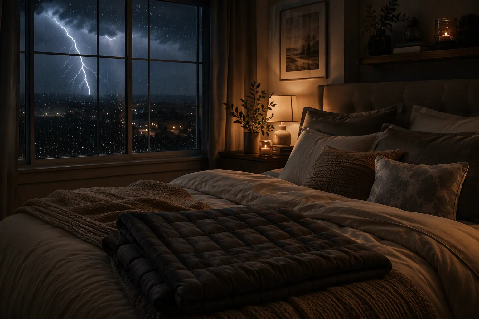 Calm bedroom at night during a thunderstorm with warm lamp light, layered blankets, and rain at the window