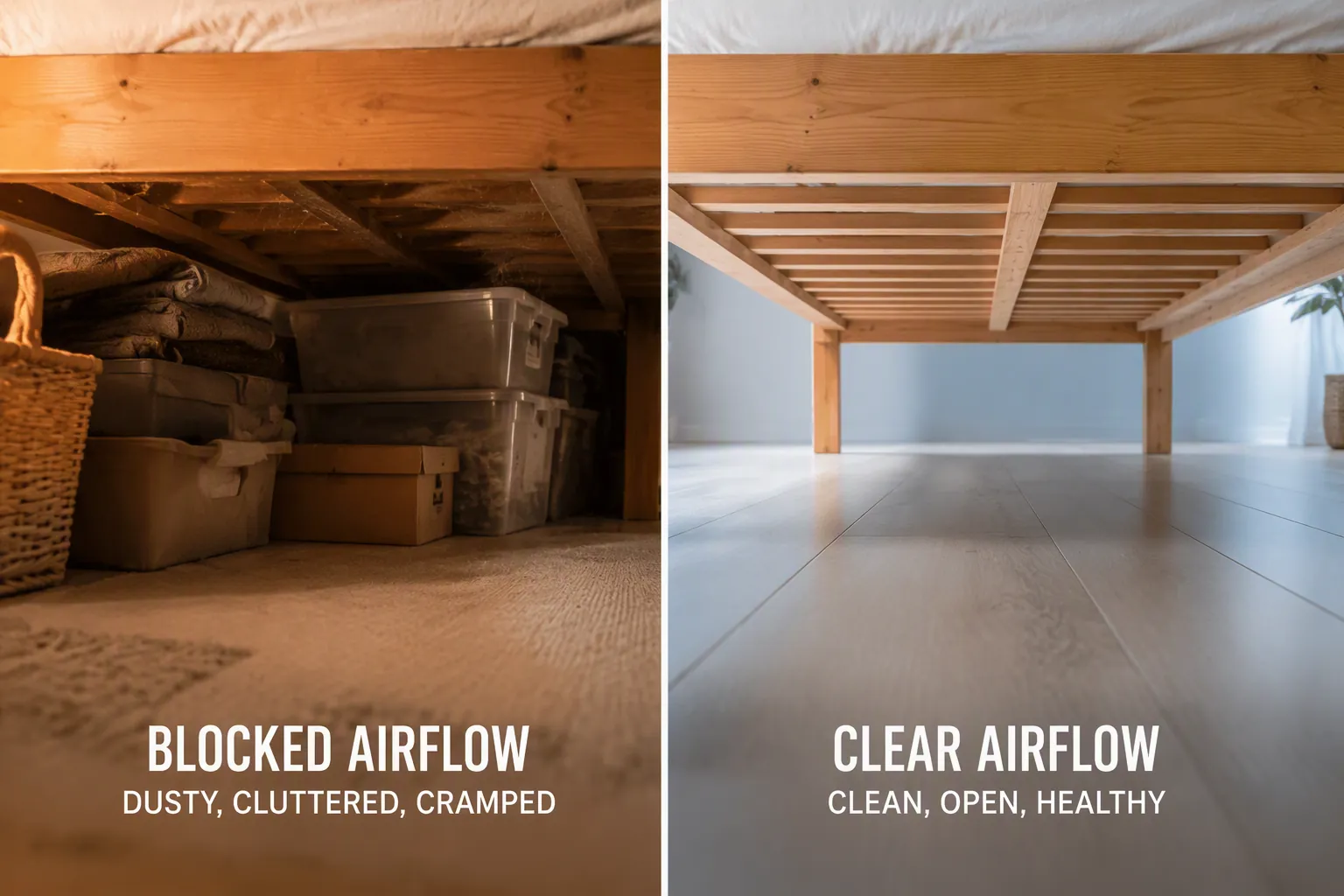 Comparison of a bed with storage boxes blocking under-bed airflow and a bed with clear open space underneath