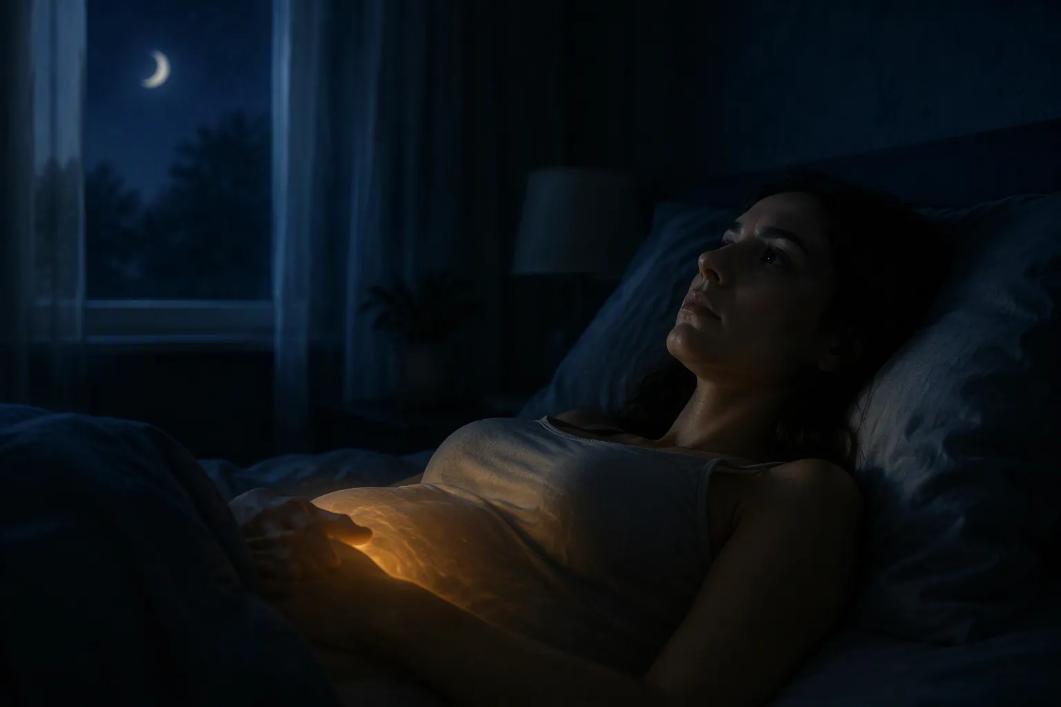 A woman lies awake in a dark bedroom at night, looking thoughtful while trying to conceive.